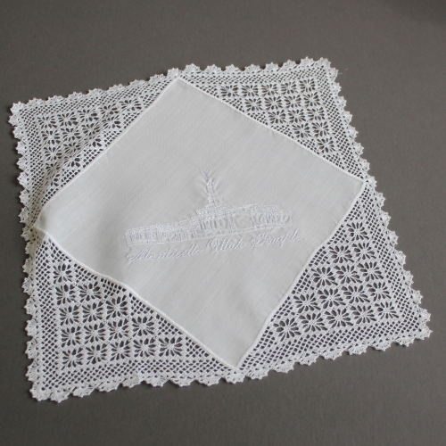 women's crocheted LDS temple embroidered white hankie