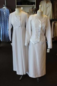 White LDS Temple Dresses Button Front top and long skirts in Murray Utah LDS clothing store - White Elegance