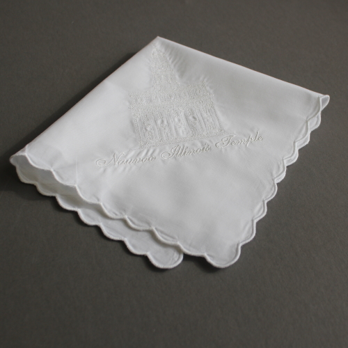 Women's LDS all white temple hankie with temple embroidered on it