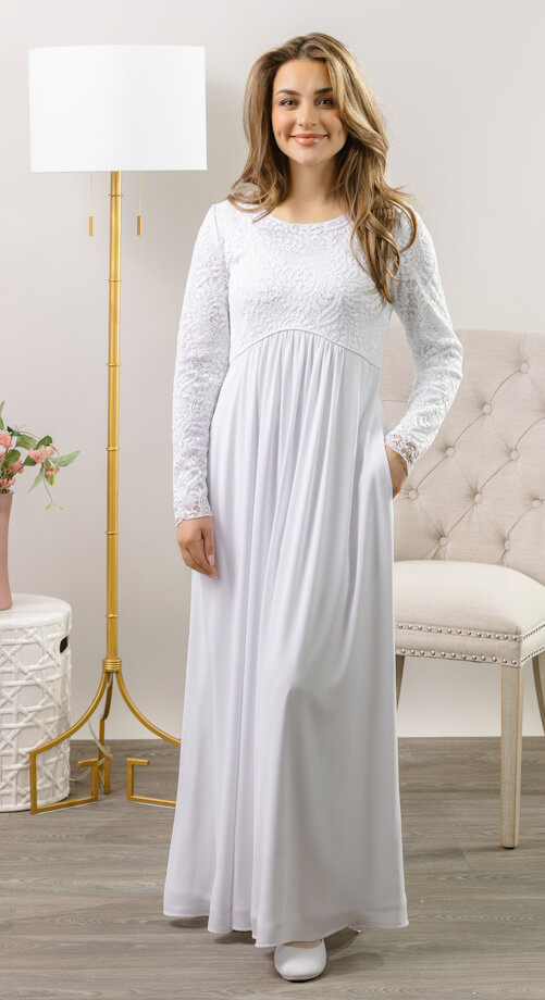 Plus-size LDS temple dress in easy-care fabric that’s washable, non-shrink, and wrinkle-resistant