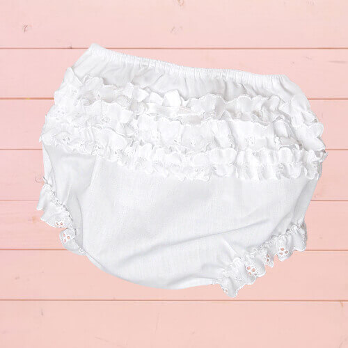 White baby diaper cover with ruffles on the butt nb-12mn