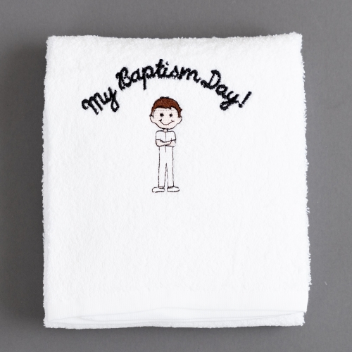 brown hair LDS baptism towel for boy