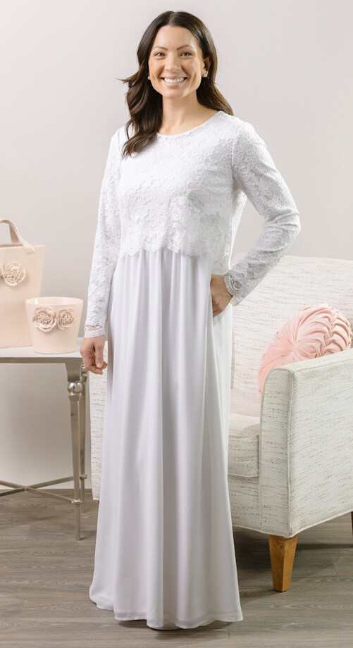 Madison is a lace chiffon stretch long sleeve scalloped lds temple dress