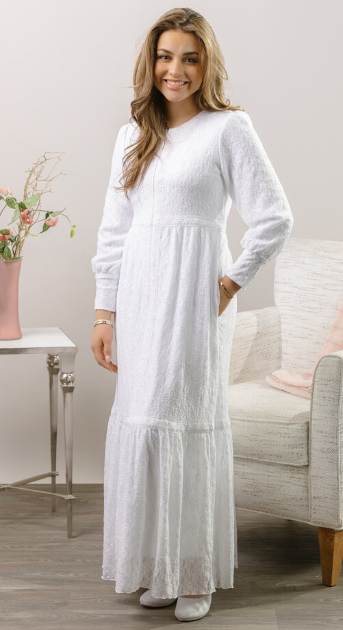 Zurich LDS temple dress in stretch lace with front zipper and comfortable tailored fit