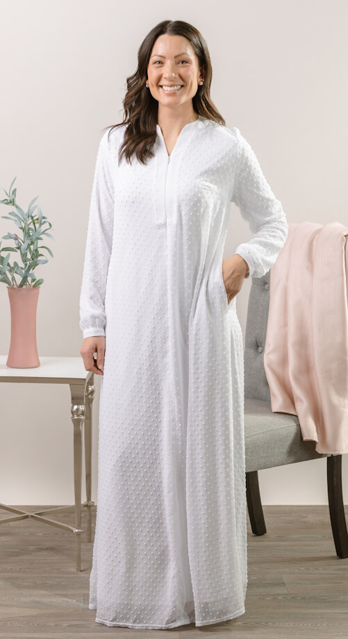 Full-size Boston LDS temple dress with front zipper, long sleeves, and gathered skirt