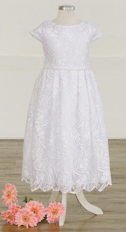 Meringue - Girls white sequin lace LDS baptism dress