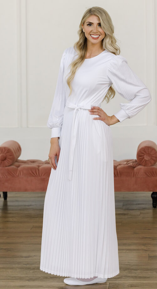White LDS Temple Dress. Pleated skirt and sleeves. Carmen dress comfortable with two pockets