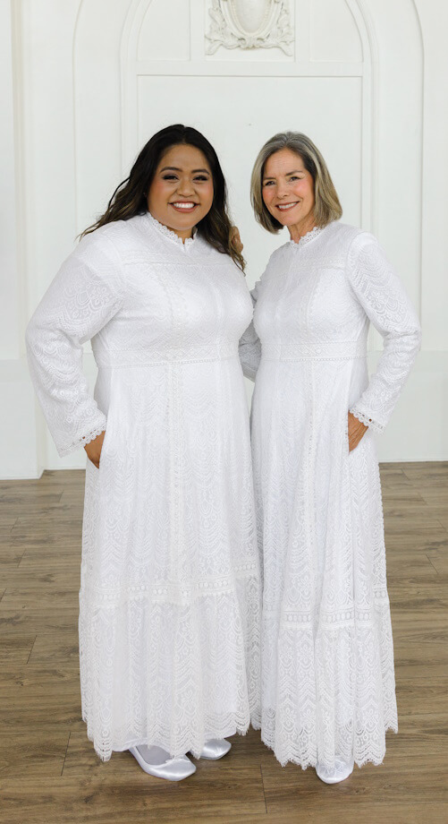 Charlotte #3067 - Modest white LDS Temple dress fitted in regular and plus sizes