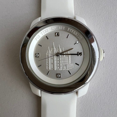 White Temple Watch – Close-up of LDS watch face featuring the Salt Lake Temple, stone indexes, and stainless steel bezel.