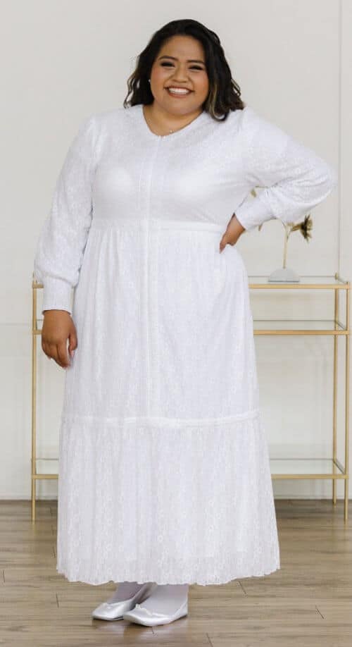 Montecito white LDS temple blouse with long sleeves and subtle pleated detailing