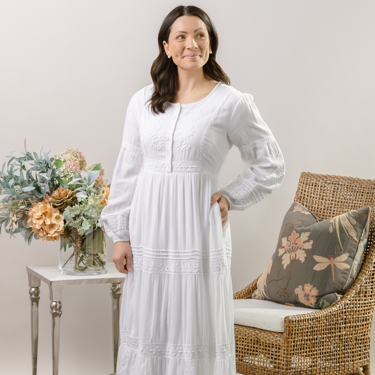 Mormon woman wearing LDS temple dresses with pockets.